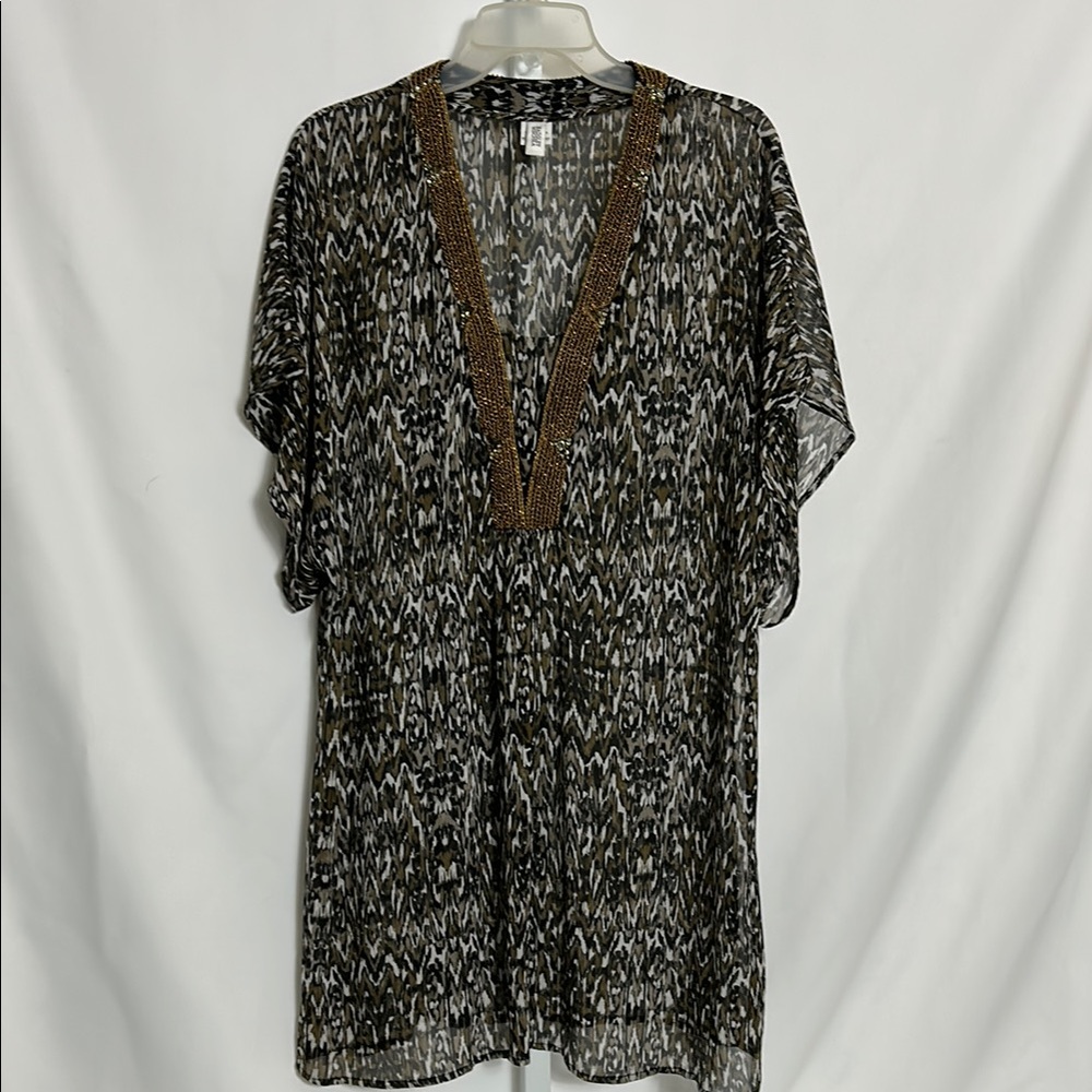Women’s Large Animal Print Sequins Black Brown Patterned Tunic Long Sheer Blouse